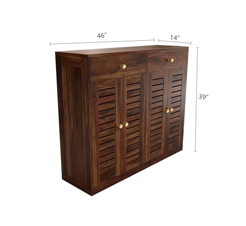Image of PLANKO Asiya Acacia Shoe Rack with 4 Shelves & 2 Drawers | Keeps 20 Pair Shoes | Wooden Shoe Stand for Home | Space Saving Storage Rack (Walnut)
