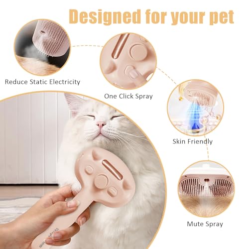 Image of Cat Steam Brush for Shedding, Pet Steam Brush for Dog with Release Button,Anti-Static Pet Spray Hair Removal Comb,Cat Spray Comb for Long & Short Haired Pets,Pink