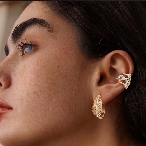 FETTERO Hoop Earrings for Women, 14K Gold Plated Lightweight Huggie Leaf Snake Bar Gold Hoops, Hypoallergenic Gold Earrings for Women Ear Piercing Jewelry