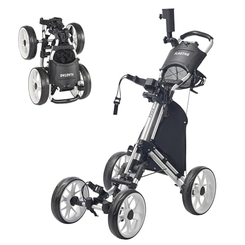 Image of Golf Push Cart 4-Wheels,Folding Golf Cart, Golf Pull cart with Cup Holder,Umbrella Holder,Cooler Bag, Foldable with one-Click,Handle Height Adjustable,Drink Holder,Walking Push cart