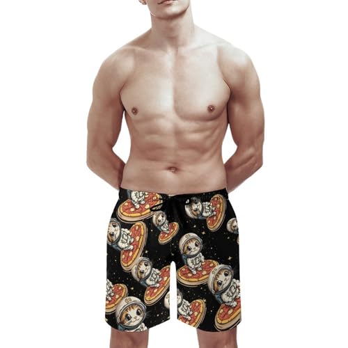 Funny Cat Flying A Pizza Astronaut Men's Swim Trunks Quick Dry Board Shorts Hawaiian Beach Shorts With Pocket2