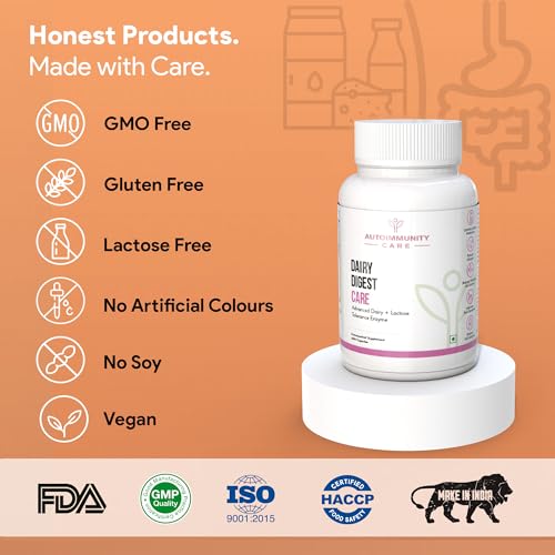 Image of Autoimmunity Care Dairy Digest Care | Digestive Enzyme Capsules for Lactose Intolerance | Lactase Enzyme Tablets to Digest Milk, Dairy Proteins & Fats | Reduces Gas, Bloating & Discomfort | 60 Caps (60 doses)