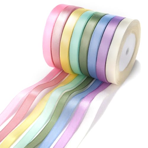 KICNIC Satinband Bunt, 8 Makkaronfarbe Geschenkband 10mm Breit, Schleifenband zum Basteln, Seidenband, Satin Ribbon für Hochzeit, Maibaum, Autoschmuck, Tischdeko (22M)