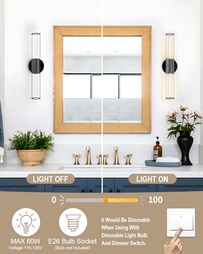 Image of Bathroom Vanity Light Fixture, 2-Light Black Wall Sconce Lighting Fixture with Clear Glass, Indoor E26 Stocket Wall Lamp for Mirror Living Room Hallway(Bulb Not Included)