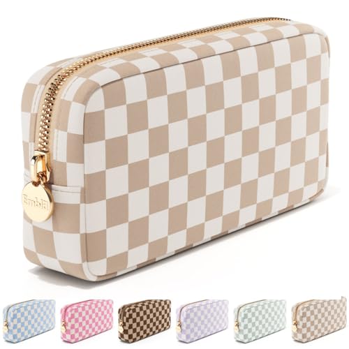Image of Embla Makeup Bag Travel Cosmetics Pouch and Toiletry Bag, Nylon Zipper Pouch Purse, Cute Make Up Organizer Storage Tote for Women Girls, Travel Skincare Case, Small Makeup Case, Sand Checkered