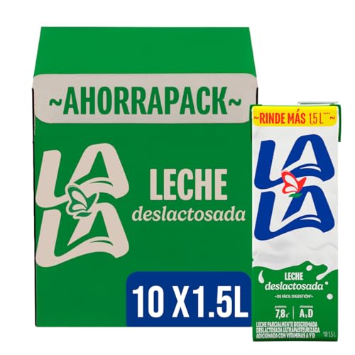 Lala Leche Deslactosada Parcialmente Descremada Ultrapasteurizada Adicionada con Vitaminas A y D - 1 Pack x 10 Piezas de 1.5 Litros c/u, Total: 15 L