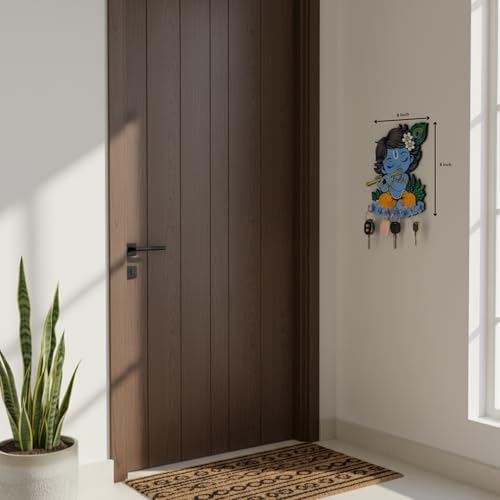 Image of JIVAY Baby Krishna Decorative Wall Mounted Key Holder for Home | Wooden Key Hanger with 7 Hooks | Designer Key Stand for Living Room, Entrance & Office | Home Decor Gift Item (Blue Krishna Key Holder)