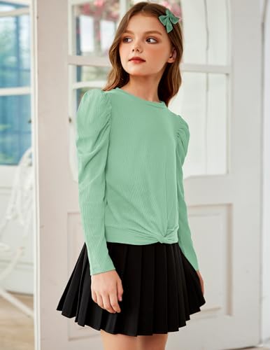 Arshiner Girls Puff Long Sleeve Shirts Twist Front Ribbed Knit T Shirt Crop Tops Tee Blouse3