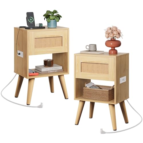 Image of WLIVE Rattan Nightstands Set of 2 with Charging Station, Boho Nightstand, Wood Side Table, Small End Table with Drawers for Bedroom, Natural Oak