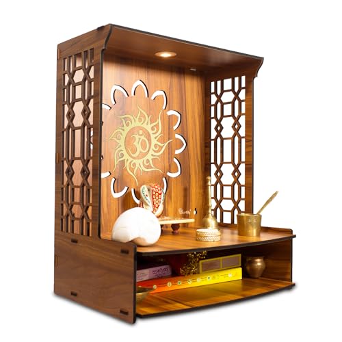Heartily® Maha Mangal Beautiful Wooden Pooja Mandir for Home Temple for Home and Office Puja Mandir Wall with LED Spot Light Size (H- 18, L- 15, W-11 Inch)