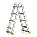 14FT Telescoping A-Frame Ladder with Stabilizer Bar, 4-Step Aluminum Folding Extension Ladder, Compact & Space-Saving for Household or Outdoor Work, 330 lbs Load, Yellow