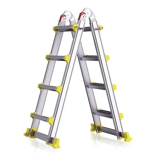 Image of A Frame Ladder, 14FT Aluminum 4 Step Ladder Foldable, 330LBS, Silver Yellow
