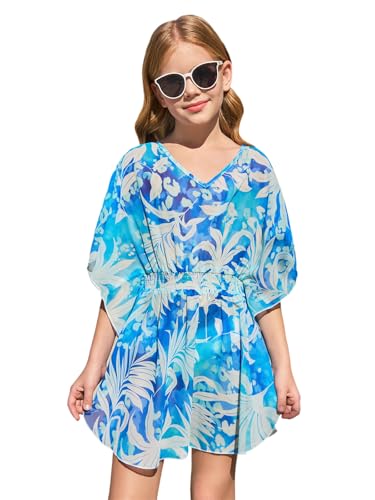 Haloumoning Girls Chiffon Swim Beach Cover Up Kids Cute Elastic Waist Printed Bathing Suit Coverups 5-14 Years