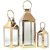 Allgala 3-PC Lantern Set 24 Inch Jumbo Deluxe Modern Indoor/Outdoor Candle Lantern Set Rose Gold Stainless Steel Frame Tempered Glass Pyramid Top for Garden Poolside Fireplace Wedding