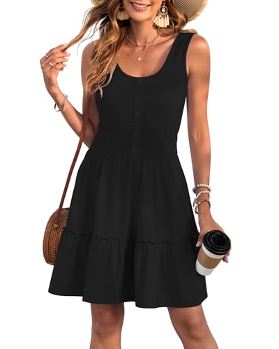 Image of AUSELILY Women Summer Dress Sleeveless Tank Button Down Dresses | Tank button down dress, Empire waist smocked, Casual beach vacation summer dresses with pockets
