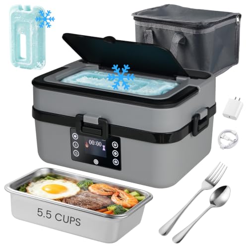 GOMAYBOX Electric Heated Lunch Box with Ice Pack,5.5-Cups,212℉ Max, Insulated Bag Included, Battery Powered Food Warmer for Travel, Portable Cordless Food Container for Adult Rechargeable Bento Box