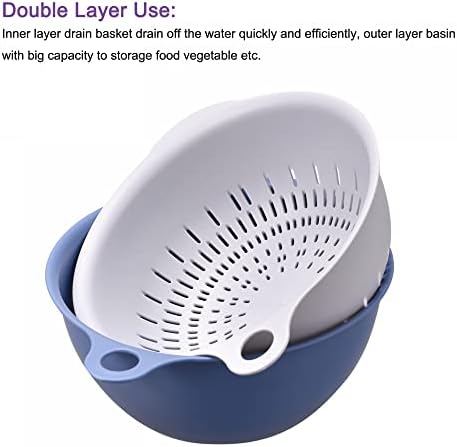 sourcing map Kitchen Strainer Colander Bowl Set, Small Double Layer Drain Basin and Basket Suitable for Fruits, Vegetables, Pasta, Berry , Cleaning Washing - Blue