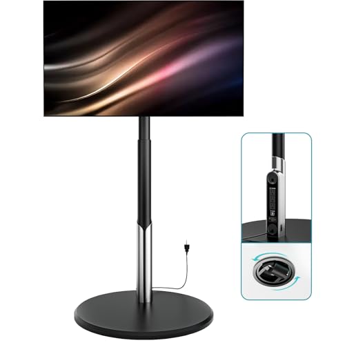 Image of Floor Mobile TV Stand with Power Outlet, Rolling TV Cart for 27-65 Inch OLED LED Monitors, 6 Levels of Height Adjustment, Ambient Lighting on The Bottom Wheels Holds up to 88lbs, 400x400mm