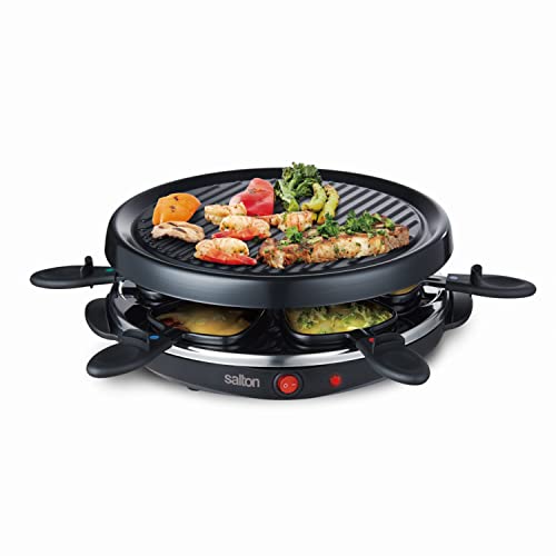 salton 6 Person Raclette Indoor Electric Cheese Round Party Grill with Raclette Pans and Spatulas, Recipes Included, 900 Watts, Black (TPG315) by Salton - Used condition - CA$27.87