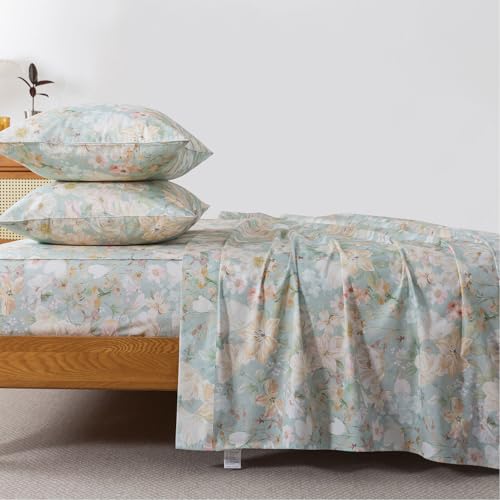 FADFAY King Sheets Set Percale Cotton Floral Bed Sheets Deep Pocket Fitted Sheet, Countryside Style Rich Floral Printed Shabby Bedding for All Season, Super Soft Crisp & Cool,4pcs