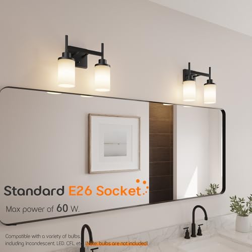 Image of Wall Light Fixtures Matte Black Bathroom Vanity Lights Over Mirror with White Frosted Glass, Double Wall Lamps for Hallway Washroom Porch T001MB-L2