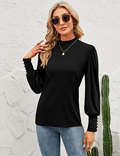Qirno Womens Mock Neck Long Sleeve Blouse Casual Bishop Sleeve Solid Basic T Shirt Loose Pullovers Tunic Tops Black Small #TOP3