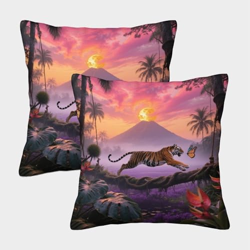 Funda De Cojín con Tigre de la Jungla Juego De 2, Microfibra Suave Funda De Almohada con Cremallera Invisible, Fundas Decorativas para Sofá Coche Cama Sillas, 50x50cm