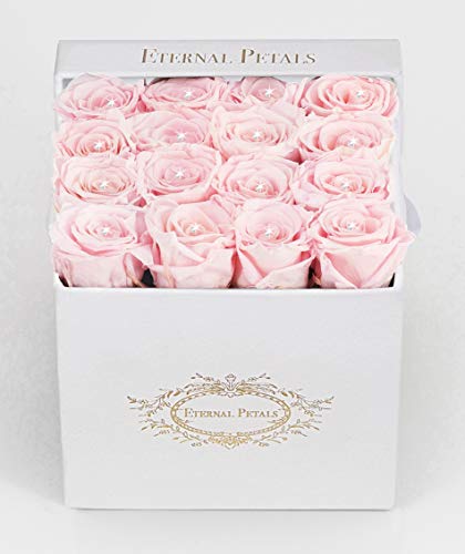 Eternal Petals Real Roses That Last A Year - 16 roses in a White Flower Box with 16 Crystals (Light Pink)