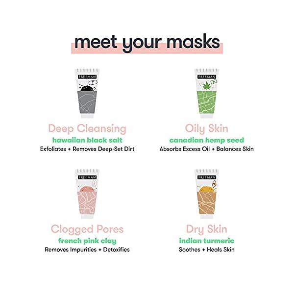 Freeman-Beauty-Exotic-Blends-Face-Mask-Variety-Set-with-Clay-Peel-Off-Gel-Cream-Facial-Masks-Skin-Care-for-Women-4pk-Tubes FREEMAN Exotic Blends Face Mask Variety Set with Clay, Peel-Off, Gel, & Cream Facial Masks, Skincare for Women, Face Mask Essentials Kit, Hydrating, Soothing, & Purifying, 4 Count Tubes