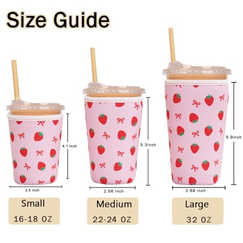 Image of Reusable Insulated Sleeve for Iced Coffee Cup, 3-Pack Coffee Neoprene Drink Sleeve for Cold & Hot Drinks, Beverage Holder for Iced Coffee (Pink Berry Bows)
