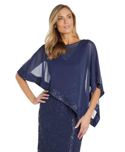 Image of R&M Richards Women's Knee-Length Glitter Sequin Lace Dress W /Sheer Asymmetric Poncho Overlay | Evening Cocktail Attire