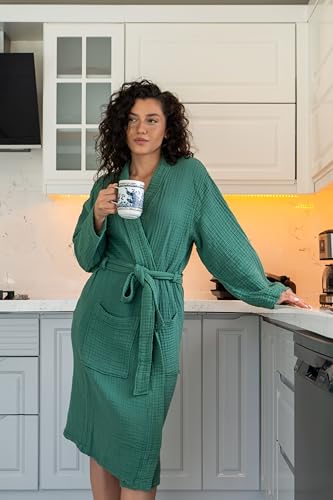 Image of Muslin Unisex Bathrobe Women & Men, 100% Cotton Kimono Lightweight Robe | Long Robes Soft, Absorbent, Spa robes