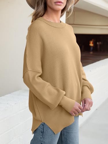 Image of ANRABESS Women Oversized Sweaters Batwing Long Sleeve 2026 Fall Outfits Crewneck Casual Knit Side Slit Fashion Pullover Top