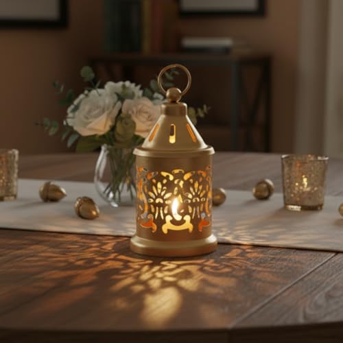 Image of Hanging Metal Candle & Tealight Holder Lantern Set with LED Candle - Decorative Golden Vintage Lanterns for Home Decor, Living Room,Balcony, Garden & Festival Gifting (Set of 6)