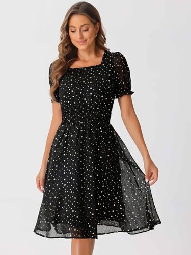 Image of Allegra K Party Midi Dress for Women Ruffle Short Sleeve Elastic Waist A-Line Metallic Star Dresses