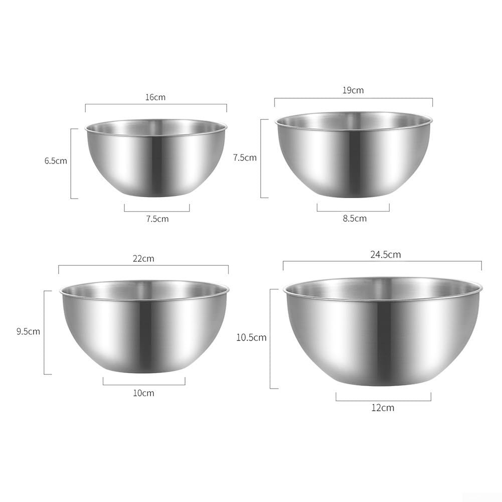 Set di 4 ciotole in acciaio inox con segni di misurazione per cuocere insalate e preparazioni di insalate, lavabili in lavastoviglie, color argento, da 16 cm a 24 cm