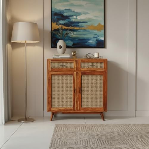 Image of DRIFTINGWOOD Amber Solid Sheesham Wood Sideboard Cabinet | 2-Door Storage Console with 2 Drawers for Living Room & Dining Room | Honey Finish