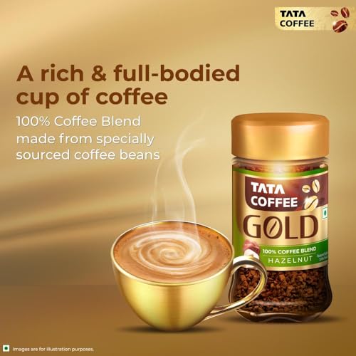 Image of Tata Coffee Gold, Hazelnut Flavoured Coffee, 50g Jar, Instant Coffee Powder, Freeze Dried Coffee Beans, Full Bodied Taste & Rich Aroma (Pack of 3)