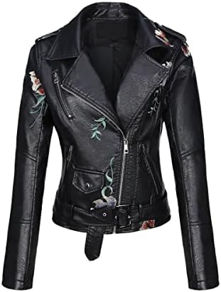 Bellivera Women's Faux Leather Casual Short Jacket, Moto Floral Spring Coat with 2 Pocket C1702020 Black XL