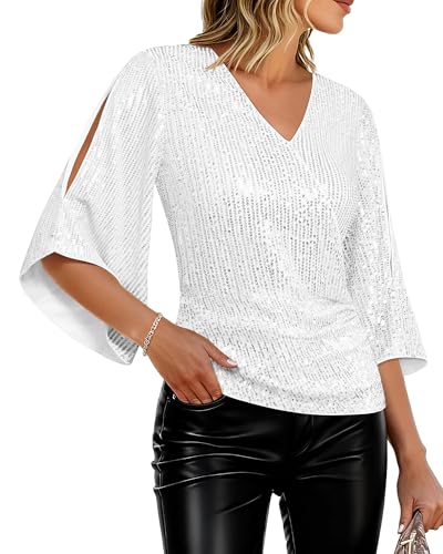 GRACE KARIN Womens Sequin Tops 3/4 Sleeve Glitter Sparkly Shimmer Party Dressy Blouse V-Neck Disco Club Concert Shirts