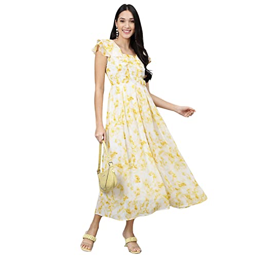 Image of Latin Quarters Women's Yellow Half Sleeve Printed Maxi Dress