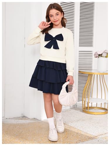 Image of OYOANGLE Girl's Cute 2 Piece Outfits Long Sleeve Bow Sweatshirts and Layered Ruffle Short Skirt Sets