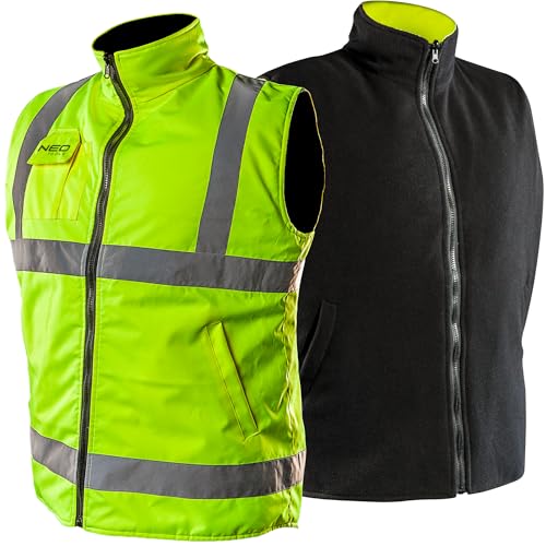 NEO TOOLS 2in1 Herren Profi Warnweste Gelb Wind und wasserdichte Gr. S-3XL | Winterweste, Fleeceweste, Sicherheitsweste Arbeitsweste, Funktionsweste Gr. L