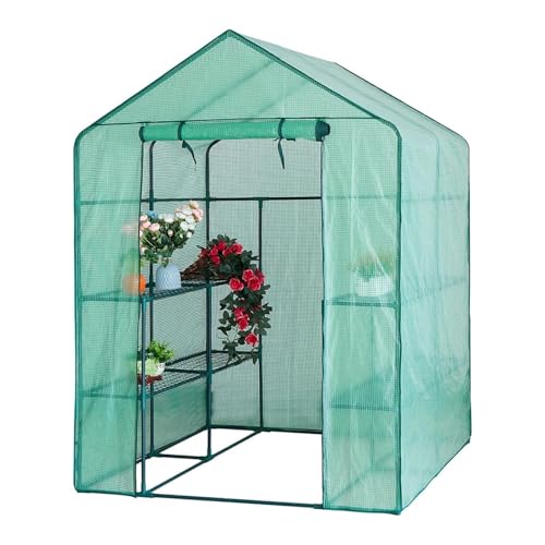 Mini invernadero de 142 x 142 x 193 cm, invernaderos para exteriores, casa caliente de 3 niveles, 4 estantes, cubierta de polietileno duradera, fácil montaje, casa caliente de jardín de plantas