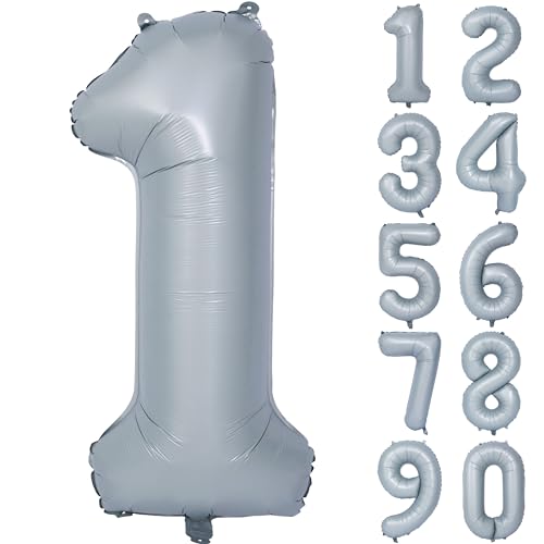 Image of 40 In Matte Gray Birthday Number Balloons 1 Helium Foil Mylar Balloon | Birthday Party Decorations Suitable For Boys' And Girls' Birthday Parties Anniversary celebration