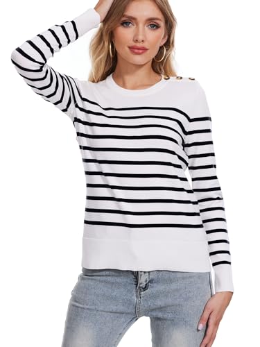 Image of Spicy Sandia Women's Long Sleeve Crewneck Sweaters with Dressy Cuff | Striped or Solid Available, Dressy Casual, Classic, Lightweight, For Office Work, Business Casual Outfits