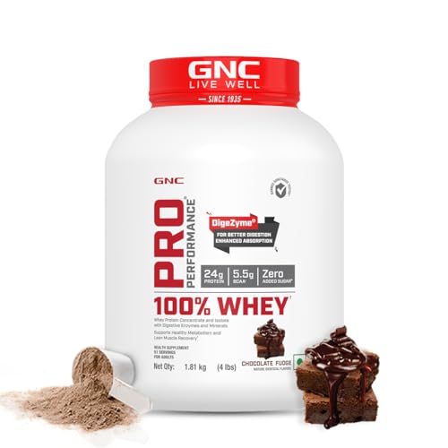 GNC Pro Performance 100% Whey Protein | 4 lbs | Muscle Growth | Muscle Recovery | DigeZyme® For Easy Digestion | Informed Choice Certified | 24g Protein | 5.5g BCAA | Chocolate Fudge