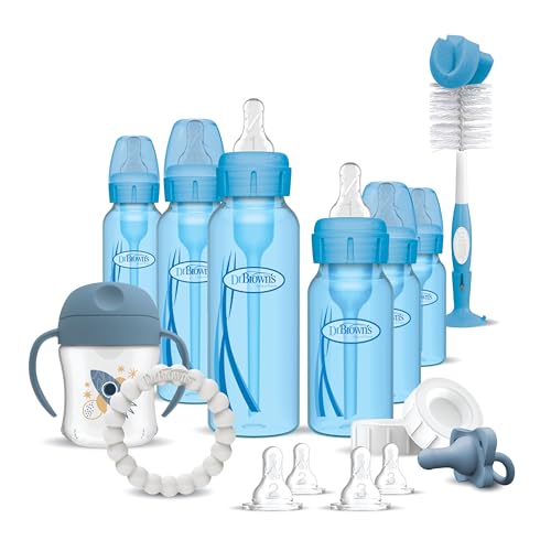 Image of Dr. Brown's Natural Flow Anti-Colic Options+ Special Edition Blue Baby Bottle Gift Set with Soft Sippy Spout Transition Cup, Flexees Teether, Bottle Cleaning Brush and Travel Caps