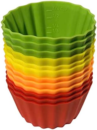 12 Pack Measured Baking Cups Jumbo Silicone Muffin Cup Reusable Non-Stick Liners Easy To Read Measurements Four Colors Flexible Durable Microwave & Dishwasher Safe by Baking Made Easy
