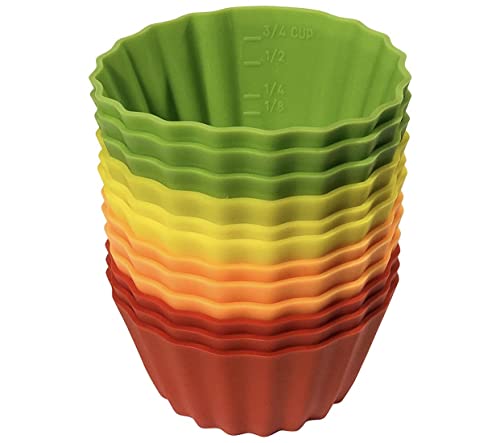 12 Pack Measured Baking Cups Jumbo Silicone Muffin Cup Reusable Non-Stick Liners Easy To Read Measurements Four Colors Flexible Durable Microwave & Dishwasher Safe by Baking Made Easy
